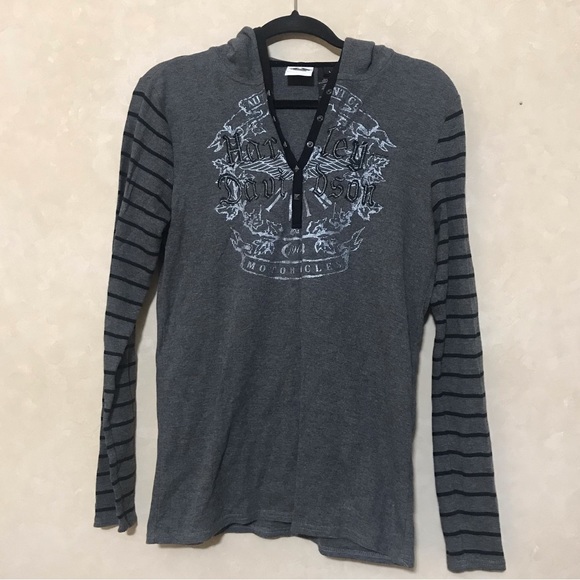 Harley-Davidson Tops - Harley Davidson Hooded Long Sleeve Thermal Gray Black Stripes Large